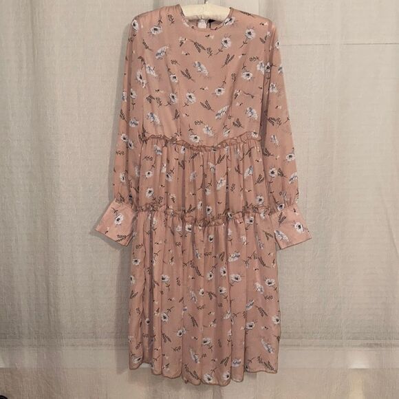 Zara S Blush Pink White Blue Floral Long Sleeve Back Zip Tiered Dress - Picture 1 of 12